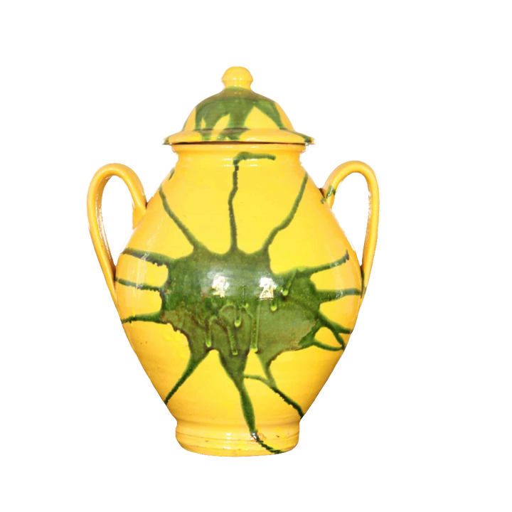 Canary yellow vase with green splash design, two loop handles and lid, elegant piece by Collection EE20, 39 cm tall.