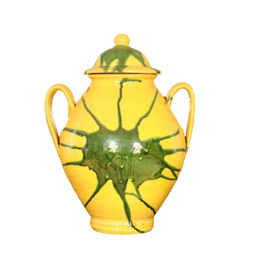 Canary yellow vase with green splash design, two loop handles and lid, elegant piece by Collection EE20, 39 cm tall.