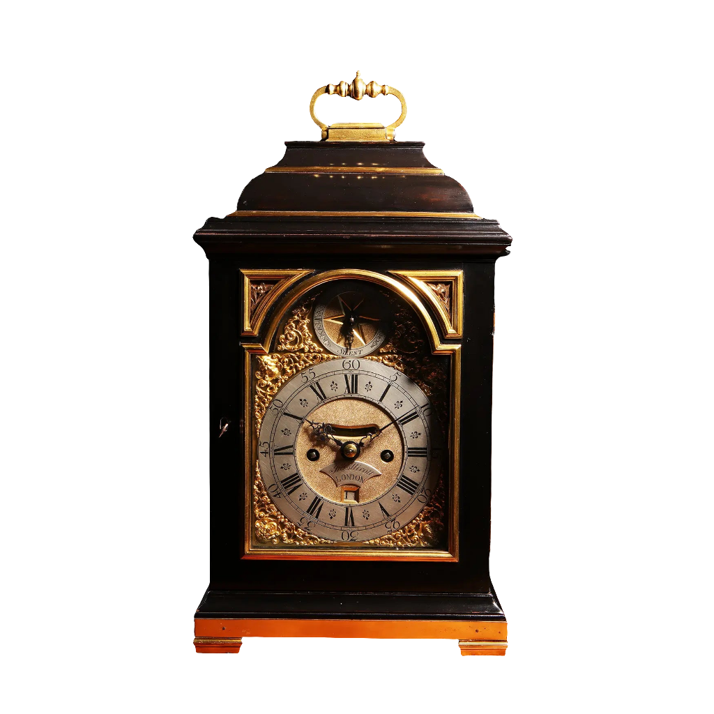 Mid 18th century ebony and gilt bronze bracket clock by John Ellicott London sold by Nwtiques