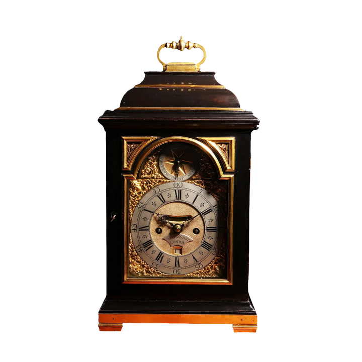 Mid 18th century ebony and gilt bronze bracket clock by John Ellicott London sold by Nwtiques