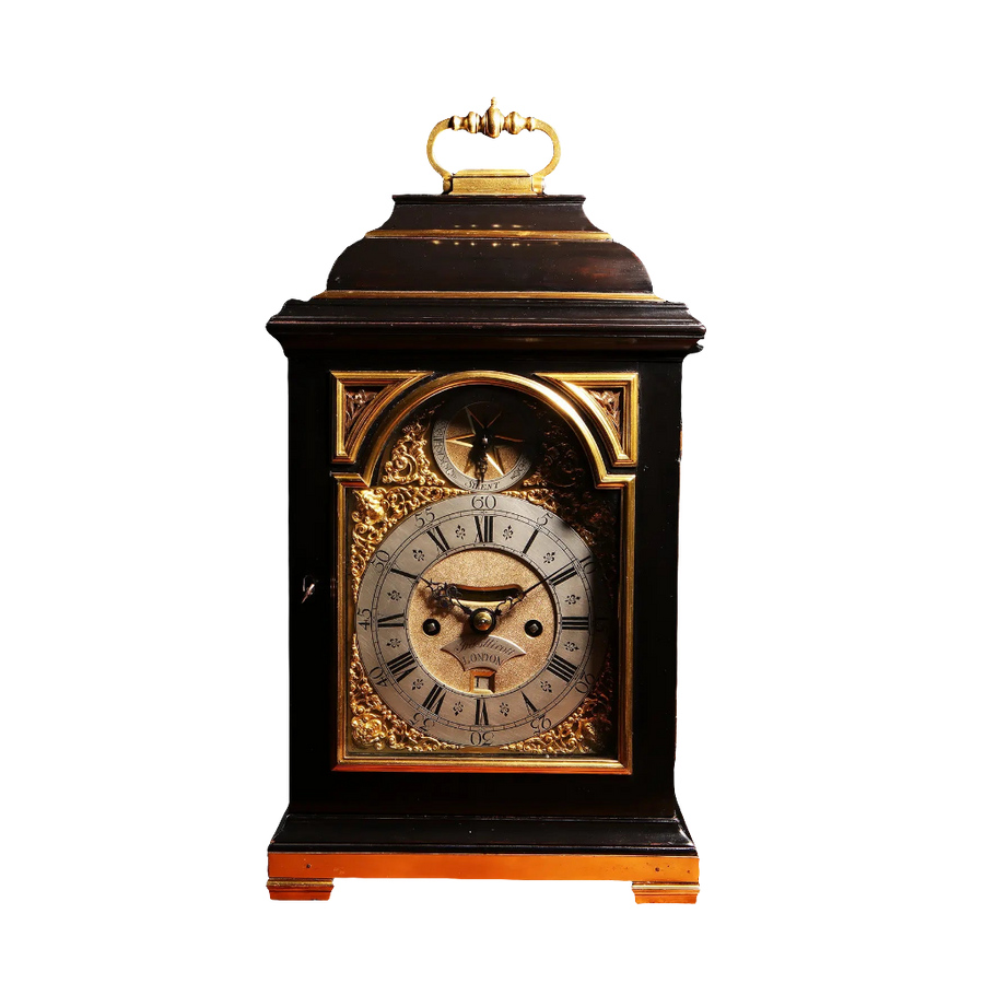 Mid 18th century ebony and gilt bronze bracket clock by John Ellicott London sold by Nwtiques