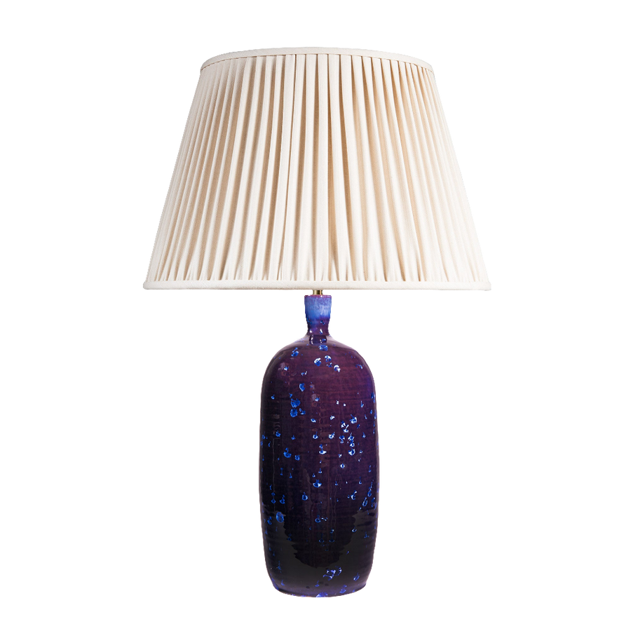 Purple porcelain vase lamp with sapphire-blue crystalline glaze and cream pleated shade by Nwtiques