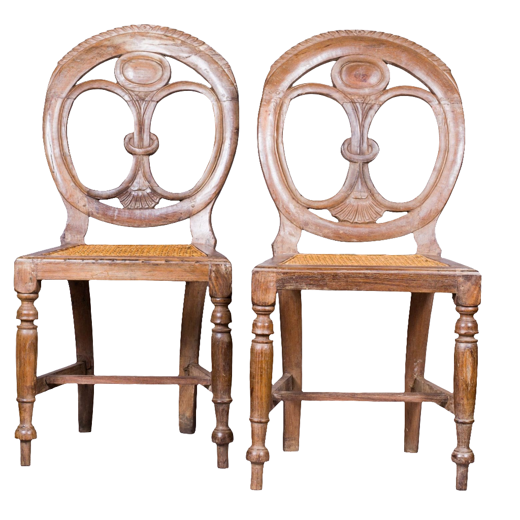 Pair of 19th century Goan side chairs with pierced oval backs and cane seats by Nwtiques