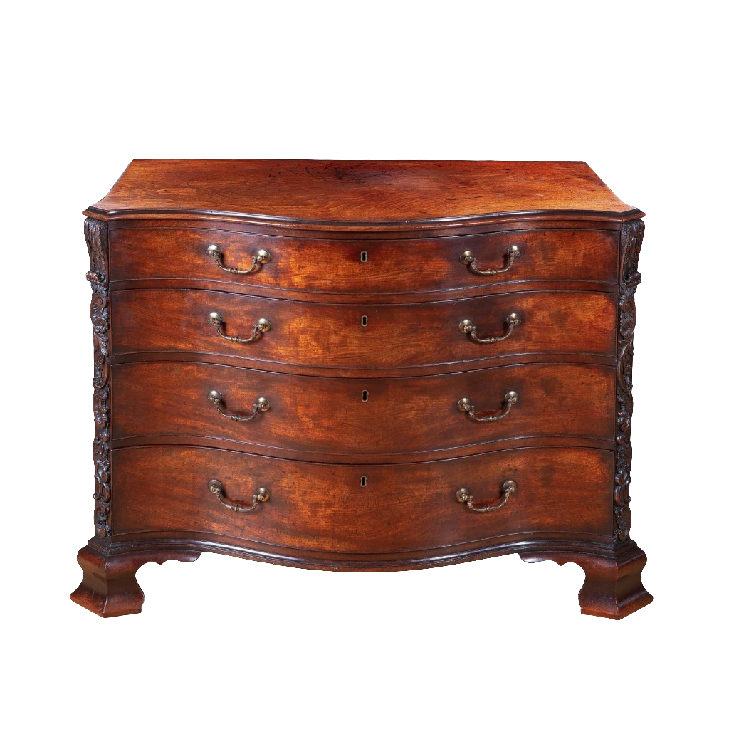 George III Chippendale Mahogany Serpentine Commode with four drawers and carved fruiting vine pilasters, circa 1760.