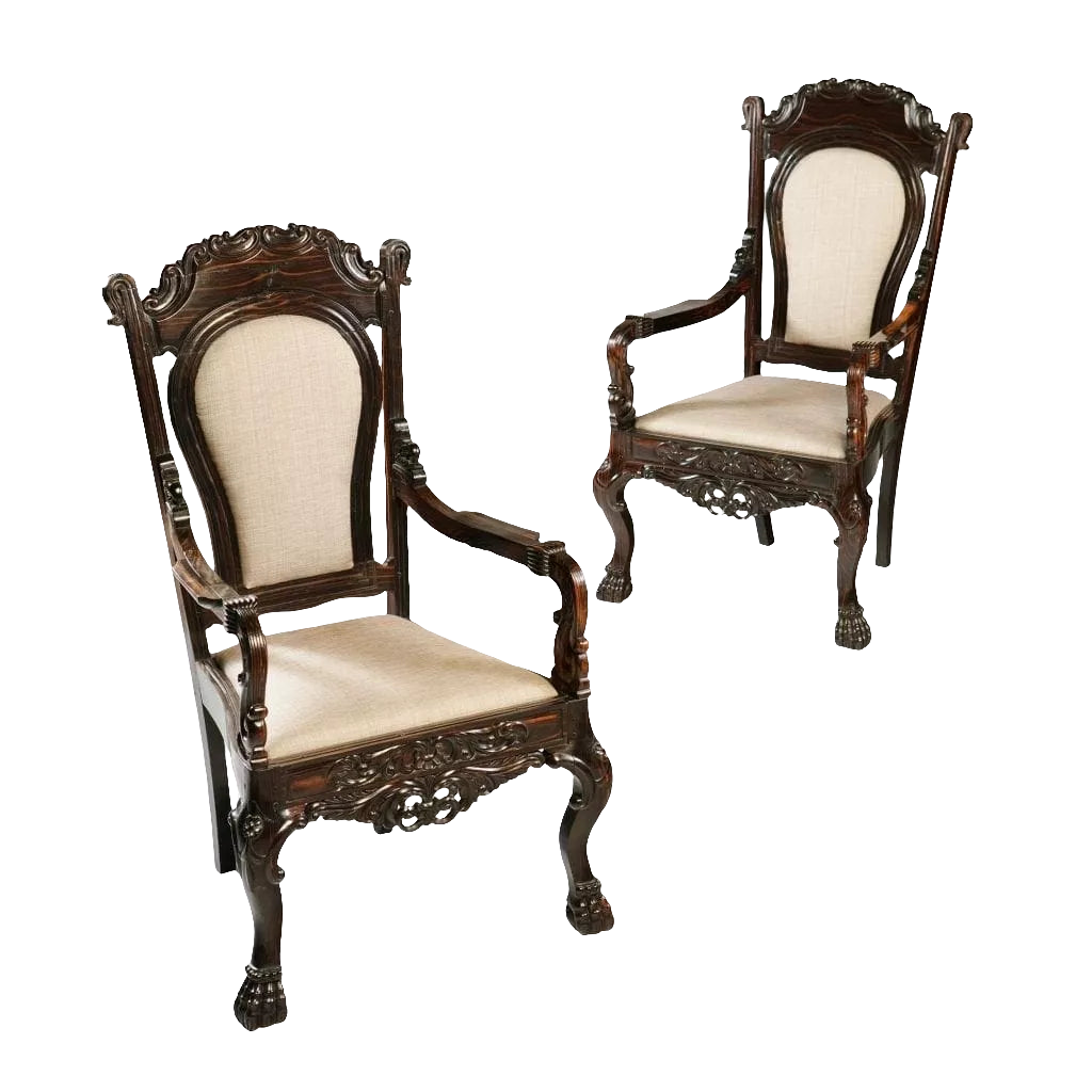 Pair of 19th century Sinhalese Calamander wood armchairs with carved ornament and claw feet by Nwtiques