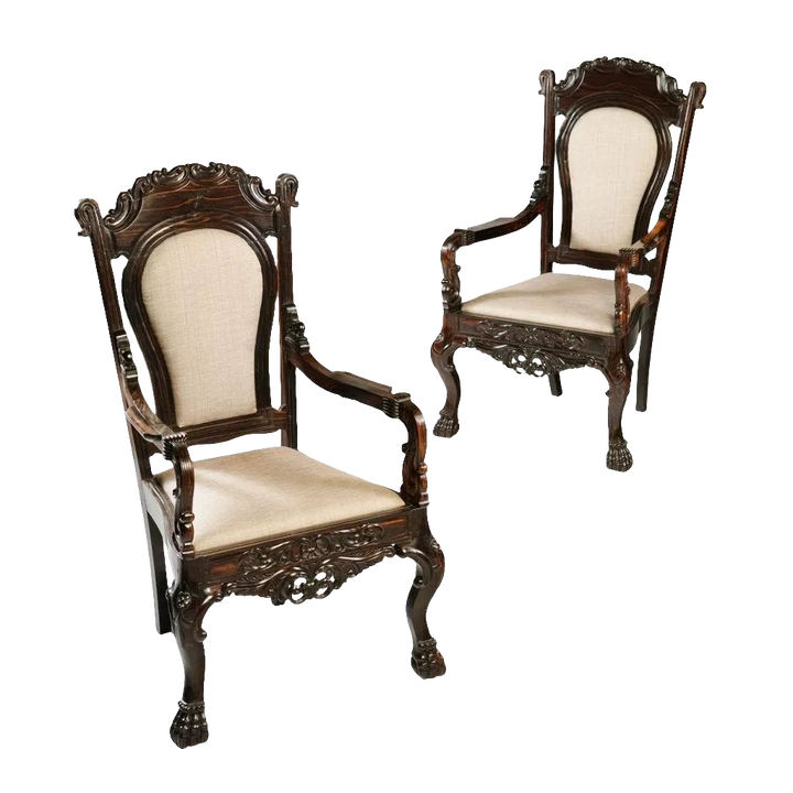 Pair of 19th century Sinhalese Calamander wood armchairs with carved ornament and claw feet by Nwtiques