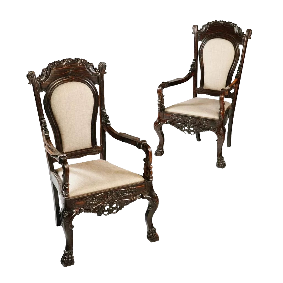 Pair of 19th century Sinhalese Calamander wood armchairs with carved ornament and claw feet by Nwtiques