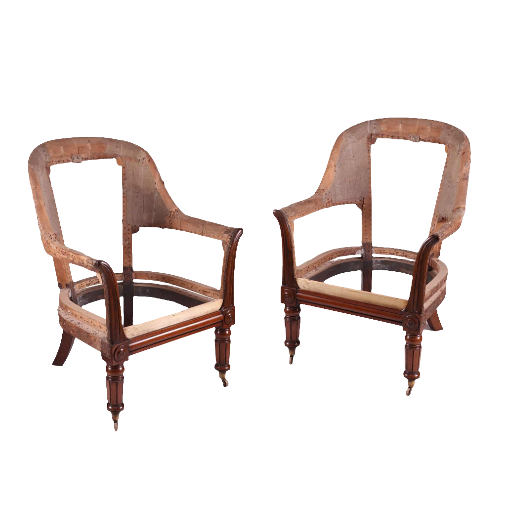 Pair of early 19th century William IV mahogany library armchairs frame by Collection CK20 with lyre arm supports and turned legs