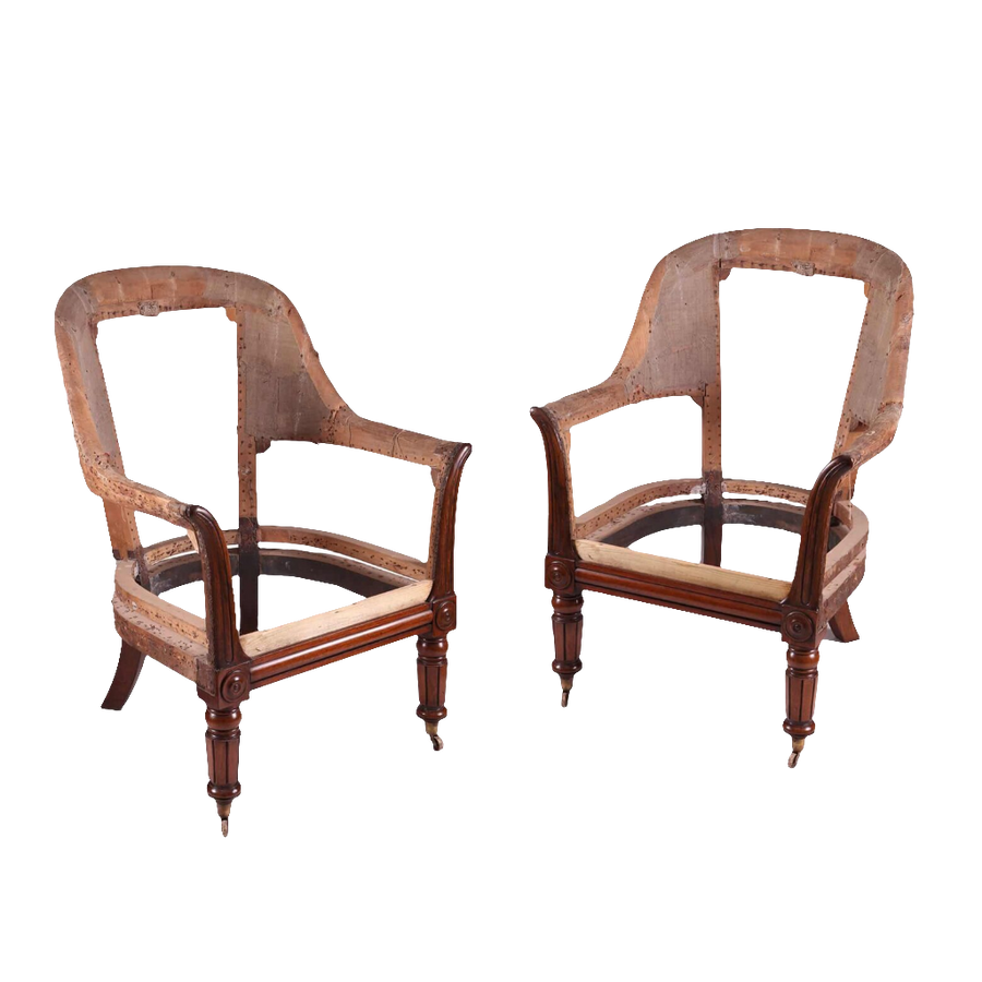Pair of early 19th century William IV mahogany library armchairs frame by Collection CK20 with lyre arm supports and turned legs