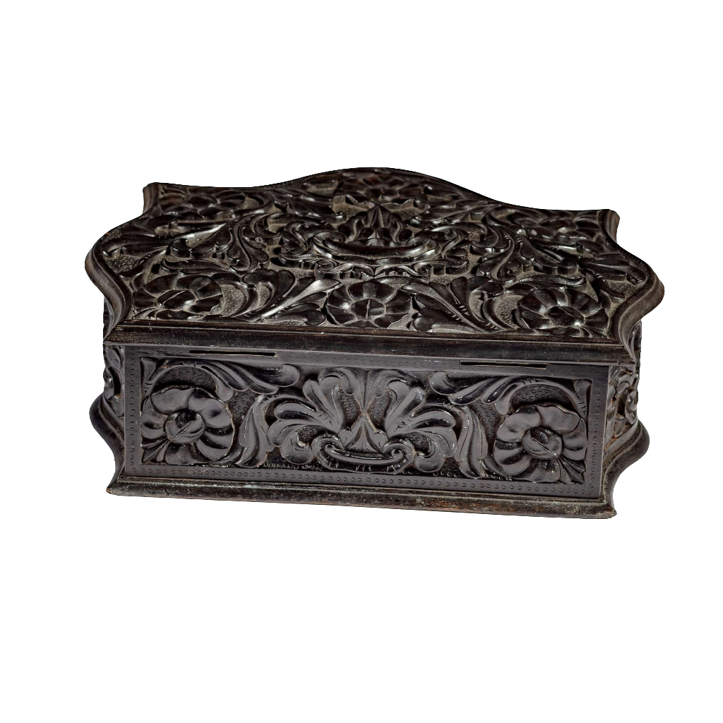Mid 19th century carved ebony workbox with floral motifs from Ceylon, offered by Nwtiques