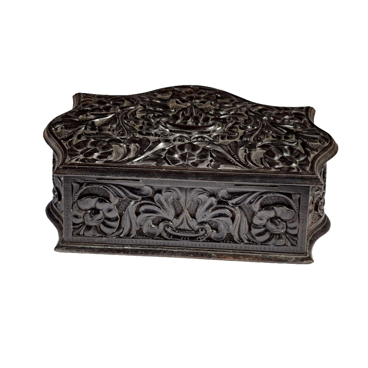 Mid 19th century carved ebony workbox with floral motifs from Ceylon, offered by Nwtiques