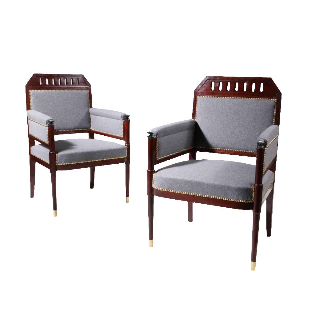A pair of early 19th century mahogany bergère armchairs with grey upholstery from Collection TH20.