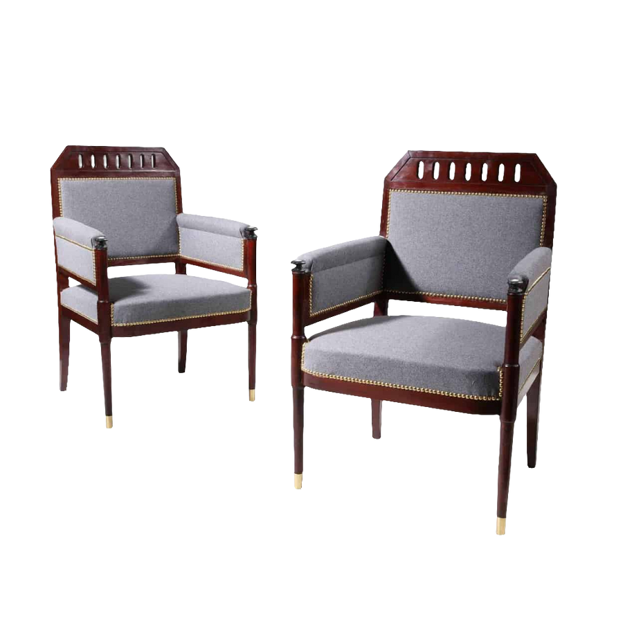 A pair of early 19th century mahogany bergère armchairs with grey upholstery from Collection TH20.