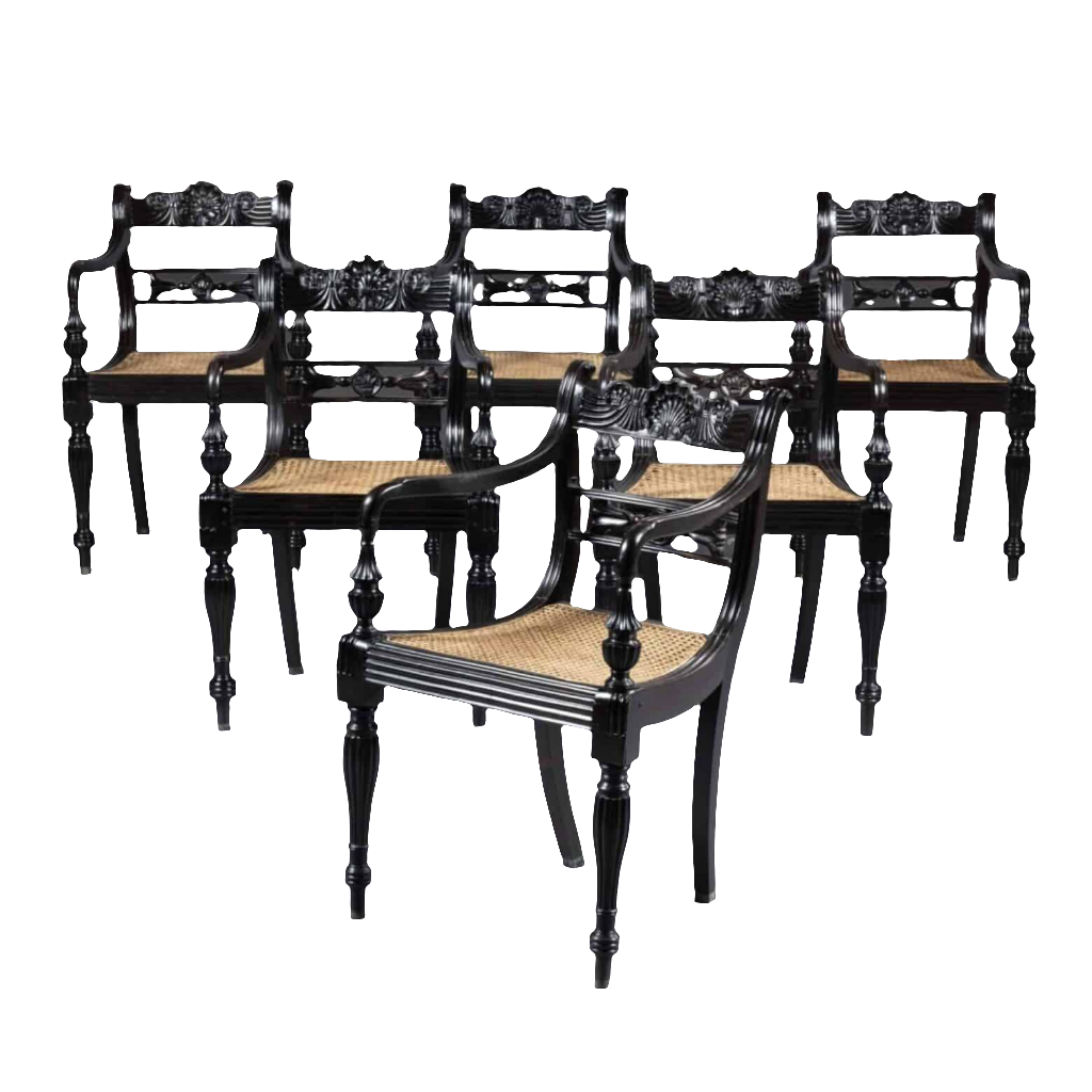Set of six Anglo-Indian Ceylonese ebony armchairs with cane seats and intricate carvings by Collection EE30