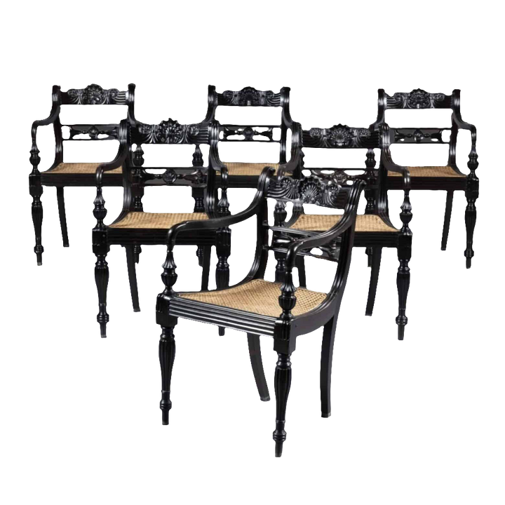 Set of six Anglo-Indian Ceylonese ebony armchairs with cane seats and intricate carvings by Collection EE30