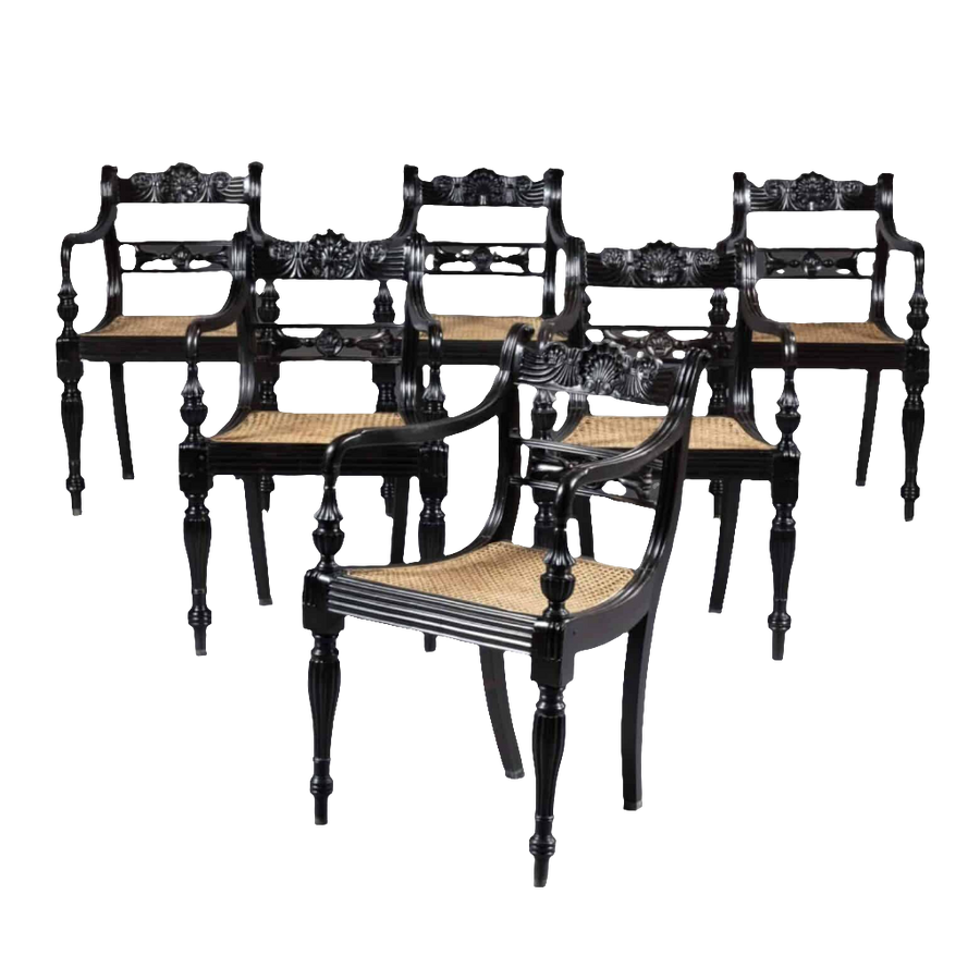 Set of six Anglo-Indian Ceylonese ebony armchairs with cane seats and intricate carvings by Collection EE30