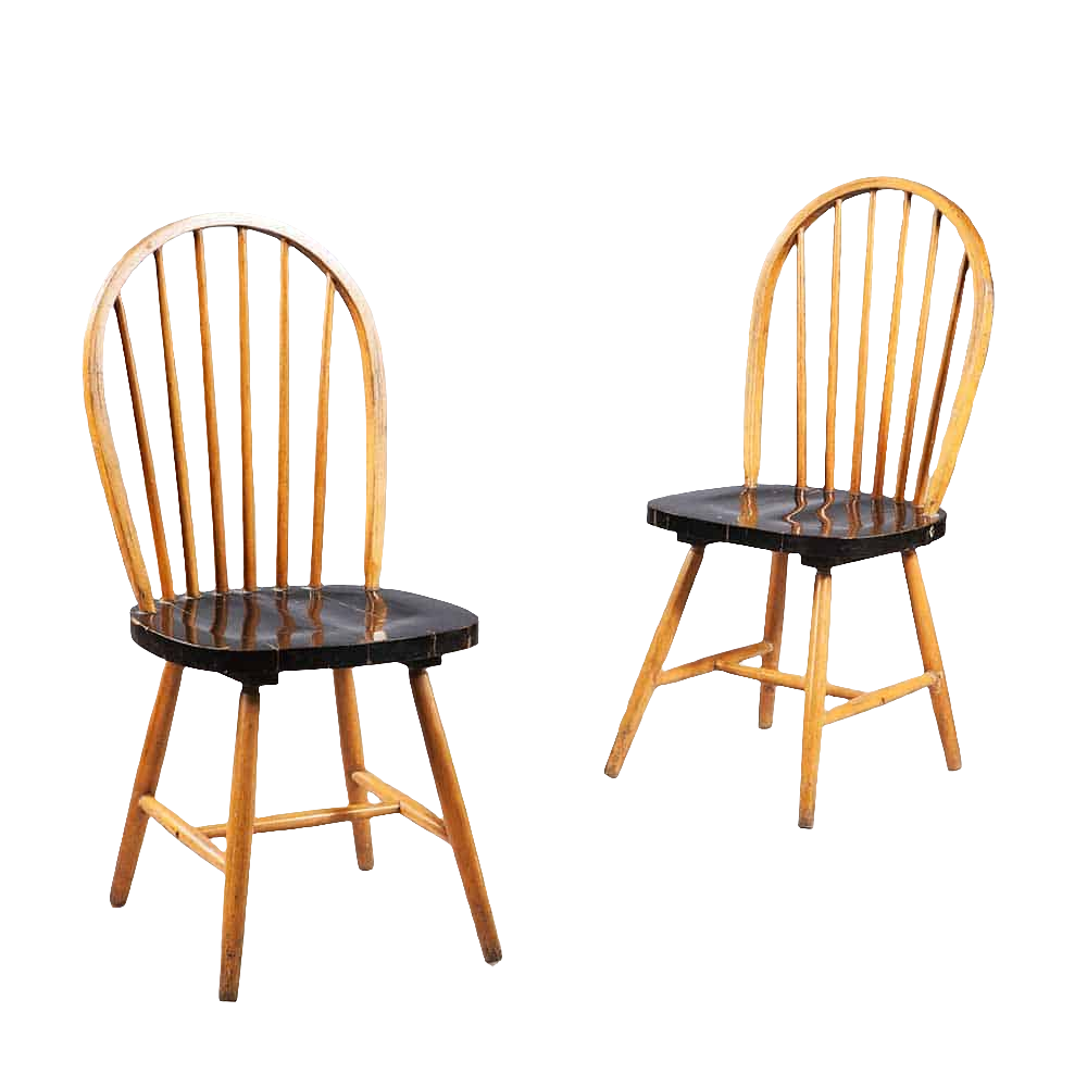 Pair of mid-century Indian hoop back chairs with black lacquer seats by Collection EE30, showcasing vintage craftsmanship.