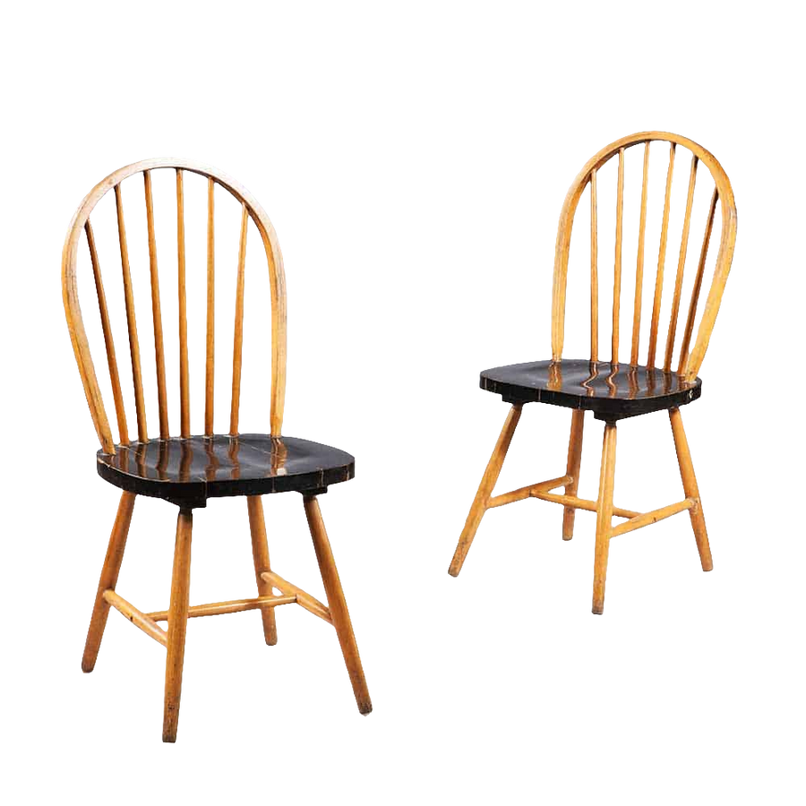 Pair of mid-century Indian hoop back chairs with black lacquer seats by Collection EE30, showcasing vintage craftsmanship.
