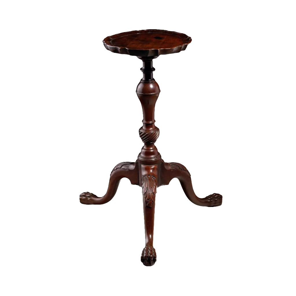 George III Mahogany Kettle Stand, rare mid-18th century tripod with piecrust top, handcrafted England circa 1765.