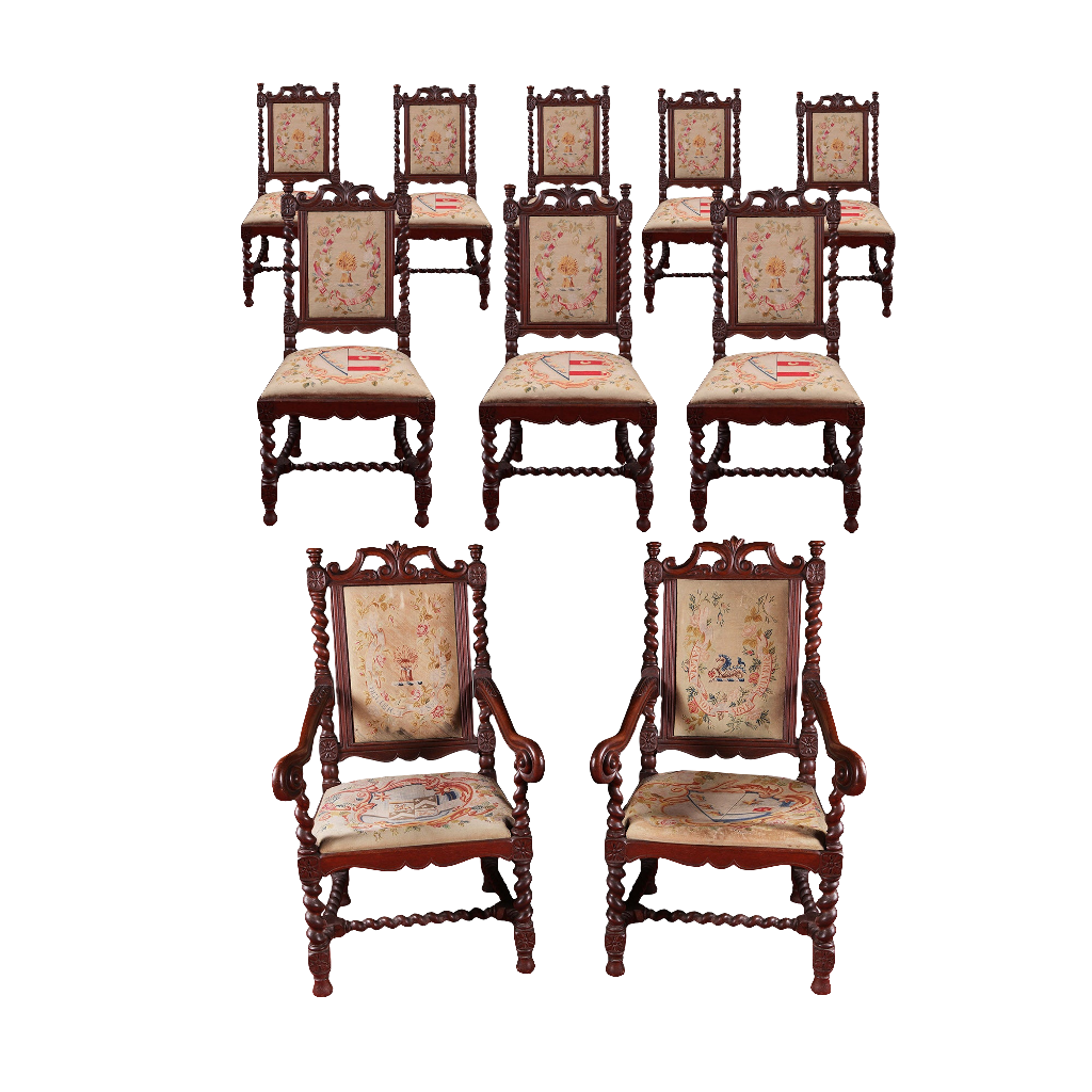 Set of ten mid-19th century barley twist oak dining chairs with hand-embroidered seats by Collection NE10