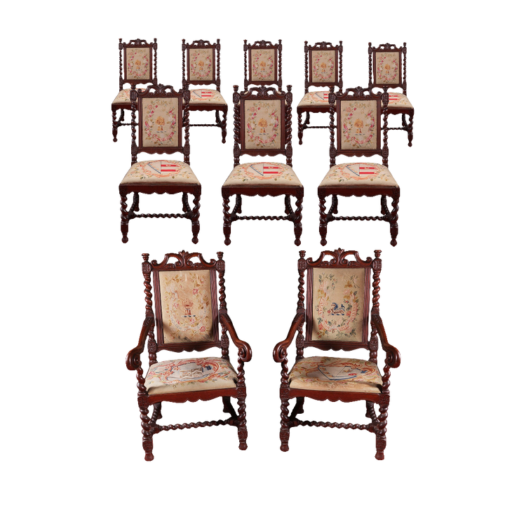 Set of ten mid-19th century barley twist oak dining chairs with hand-embroidered seats by Collection NE10