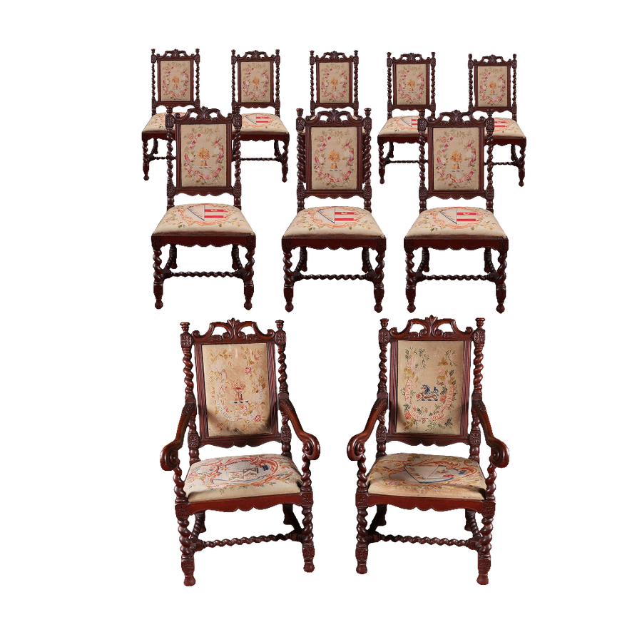 Set of ten mid-19th century barley twist oak dining chairs with hand-embroidered seats by Collection NE10