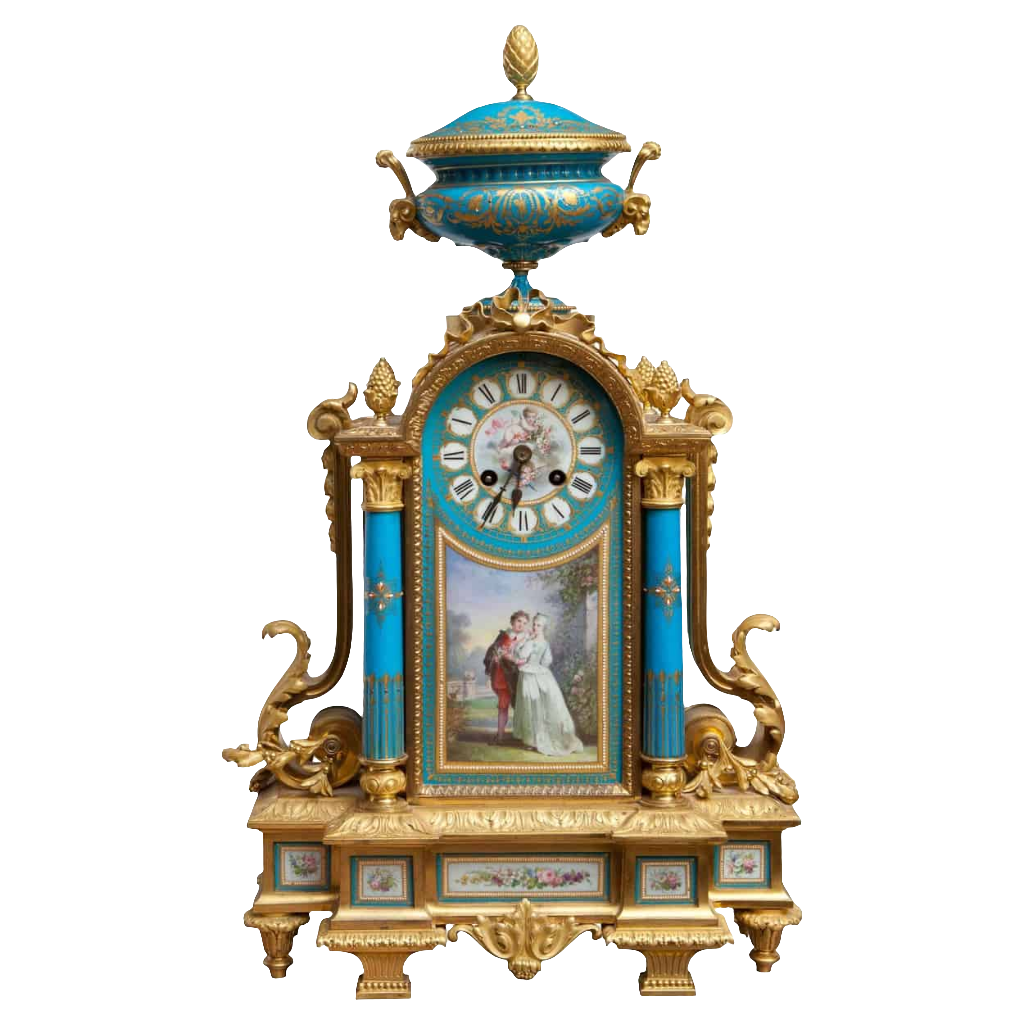 Napoleon III Sevres and ormolu clock with painted courting couple and krater vase by Nwtiques