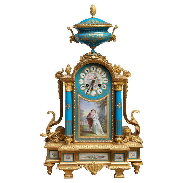 Napoleon III Sevres and ormolu clock with painted courting couple and krater vase by Nwtiques