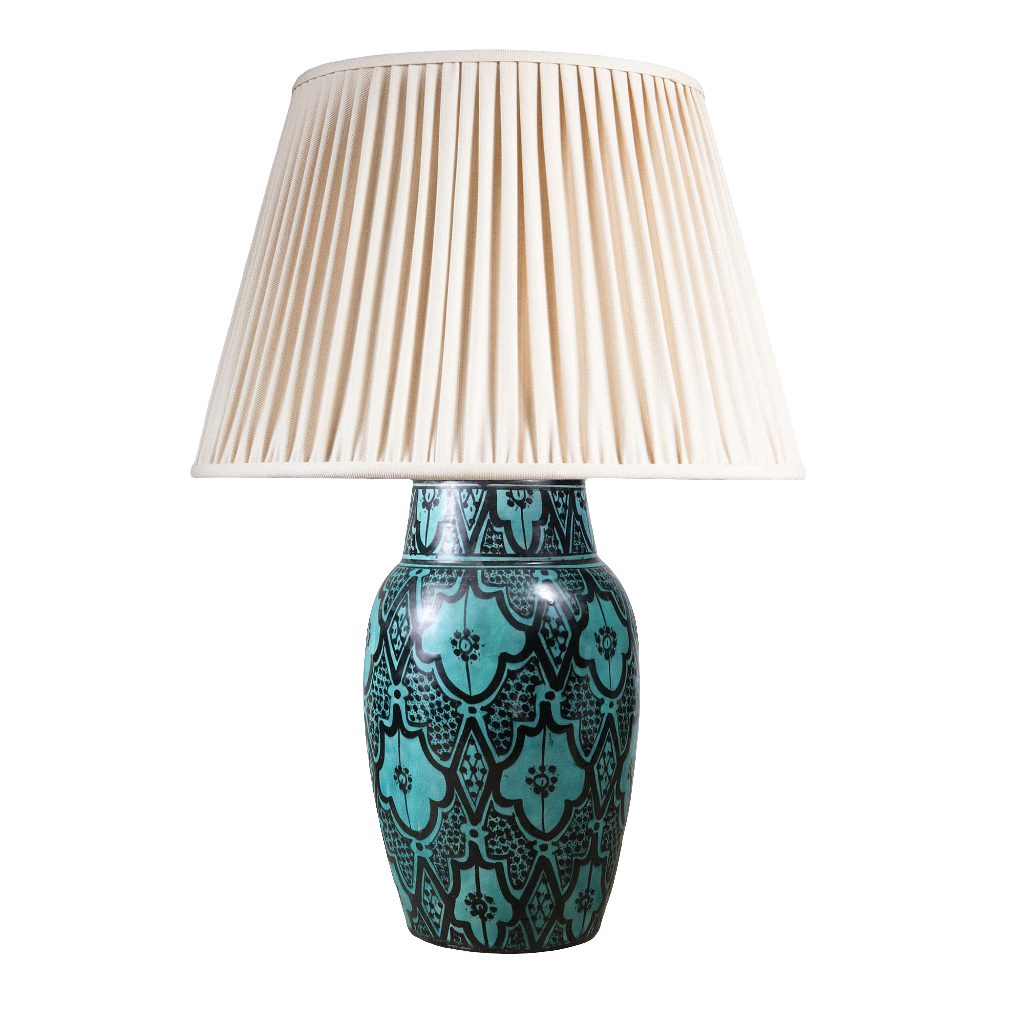 North African Turquoise Vase as a Table lamp with intricate Moroccan patterns and a pleated cream lampshade.