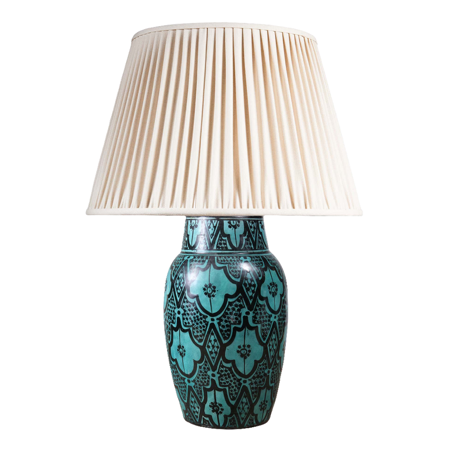 North African Turquoise Vase as a Table lamp with intricate Moroccan patterns and a pleated cream lampshade.