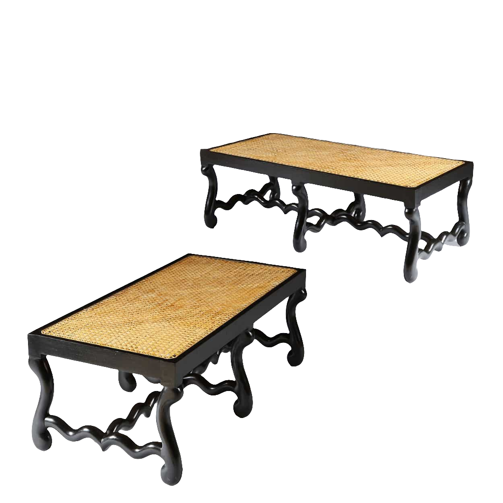 Pair of Os de Mouton ebonised long benches with caned seats and S-shaped legs from Collection EE30
