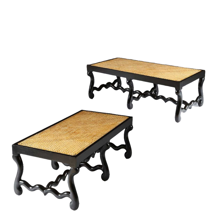 Pair of Os de Mouton ebonised long benches with caned seats and S-shaped legs from Collection EE30