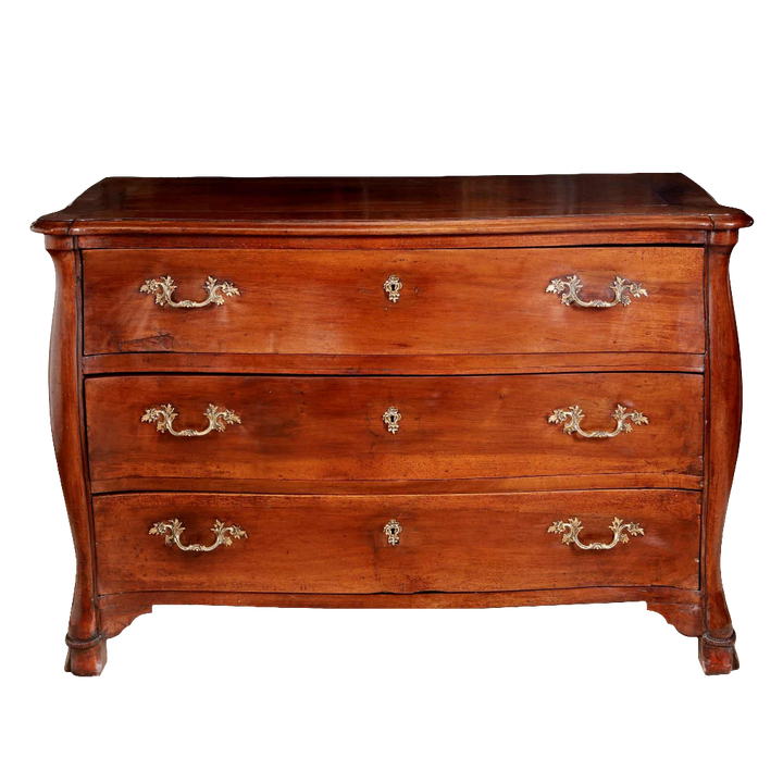 Mid 18th century Louis XV walnut commode with ornate brass handles and hoof feet from Nwtiques