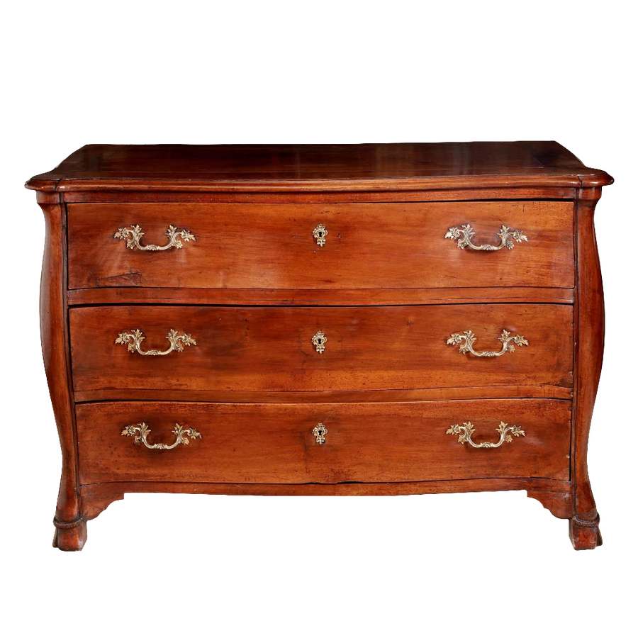 Mid 18th century Louis XV walnut commode with ornate brass handles and hoof feet from Nwtiques