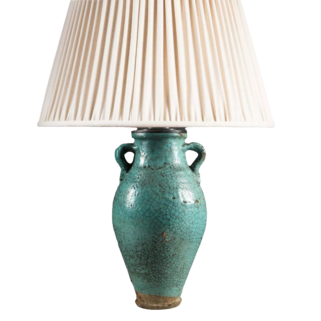 Persian Turquoise Crackle Glazed Vase Mounted as a Table Lamp with a pleated white lampshade, circa 1850.