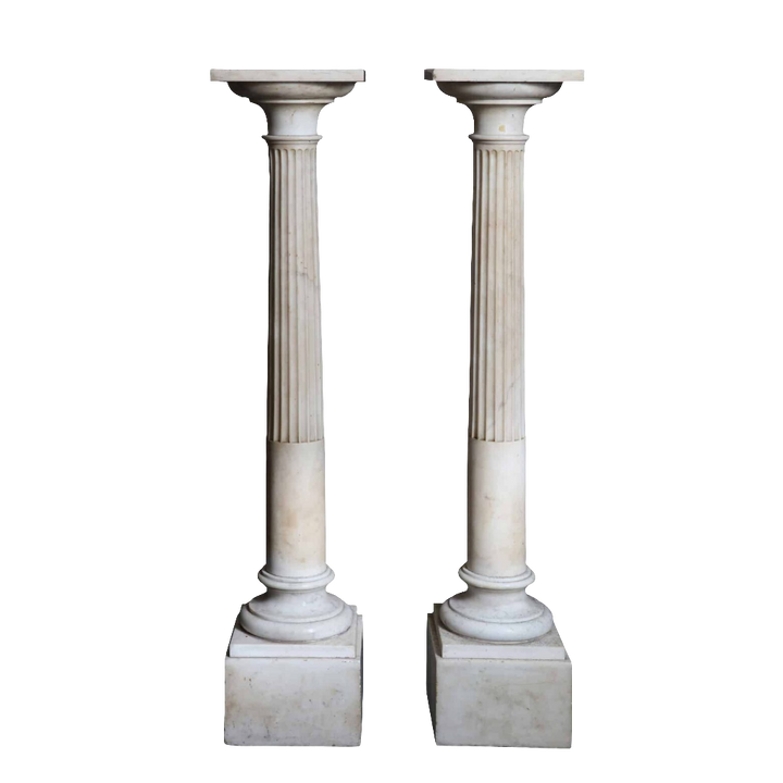 Pair of White Carrara Marble Sculpture Gallery Pedestals with fluted columns and stepped square bases, circa 1800.