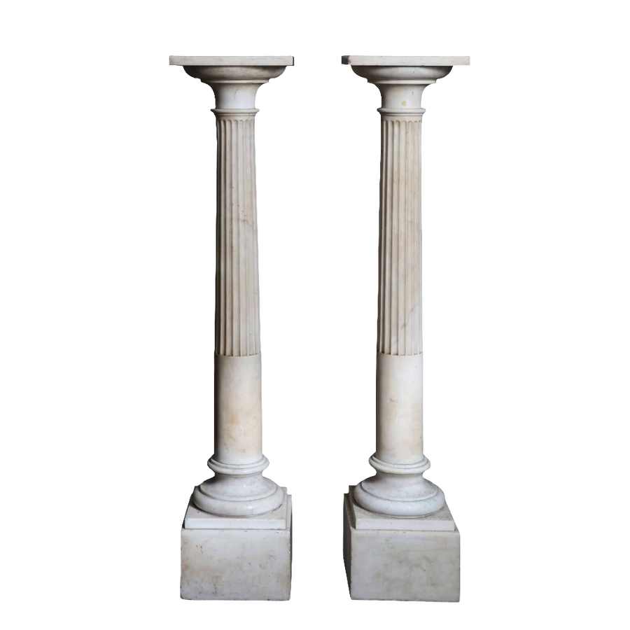 Pair of White Carrara Marble Sculpture Gallery Pedestals with fluted columns and stepped square bases, circa 1800.
