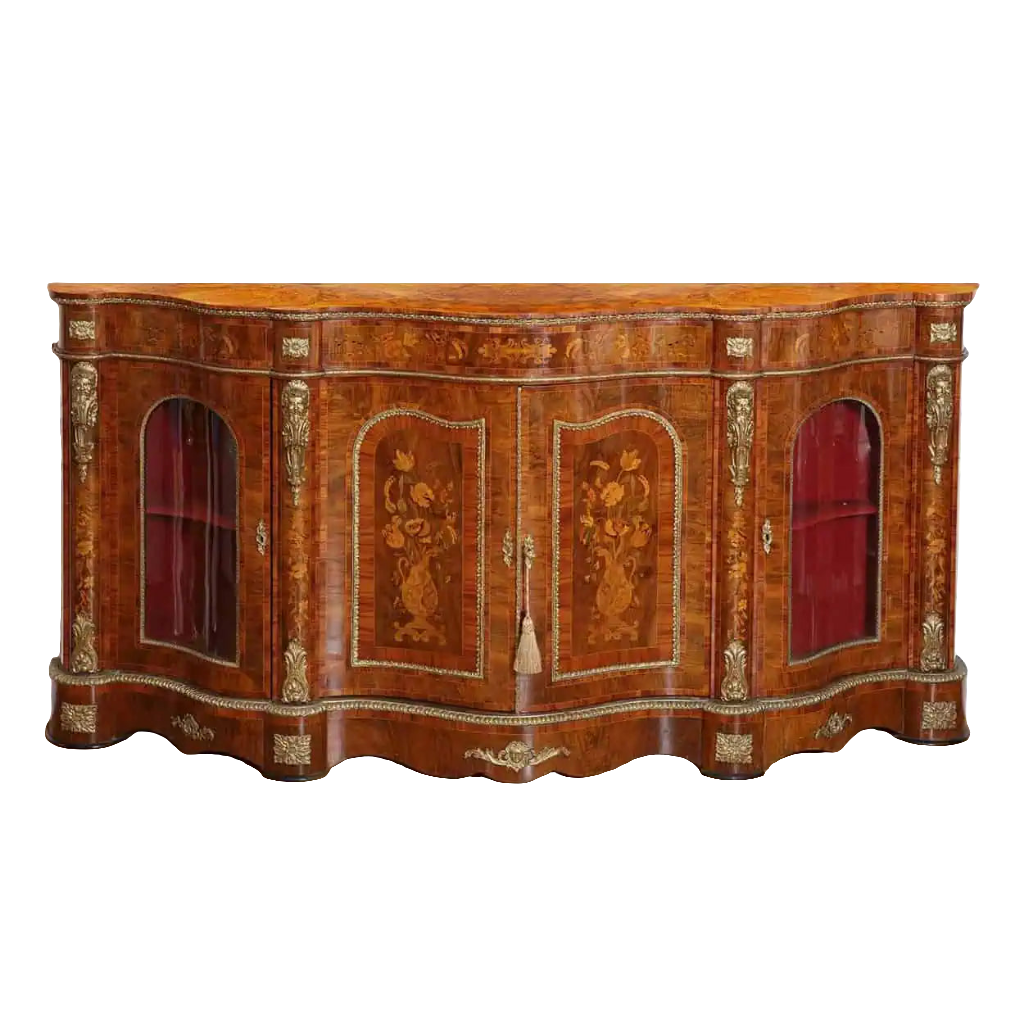 Antique walnut marquetry credenza with ormolu mounts by Nwtiques, 92 inches wide.