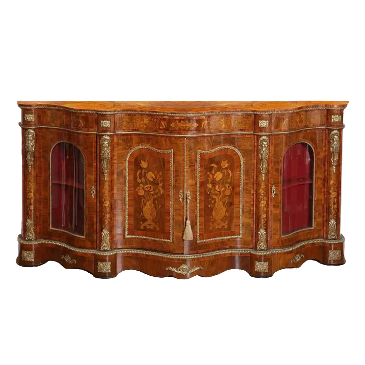 Antique walnut marquetry credenza with ormolu mounts by Nwtiques, 92 inches wide.