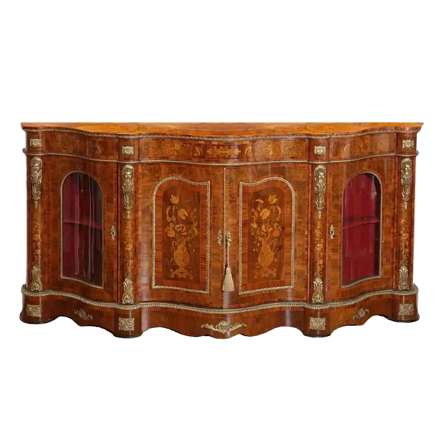 Antique walnut marquetry credenza with ormolu mounts by Nwtiques, 92 inches wide.