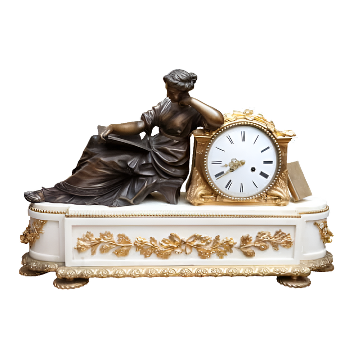 Late 19th-century French mantel clock by Nwtiques with white marble, gilt bronze, and a bronze lady figure reading.