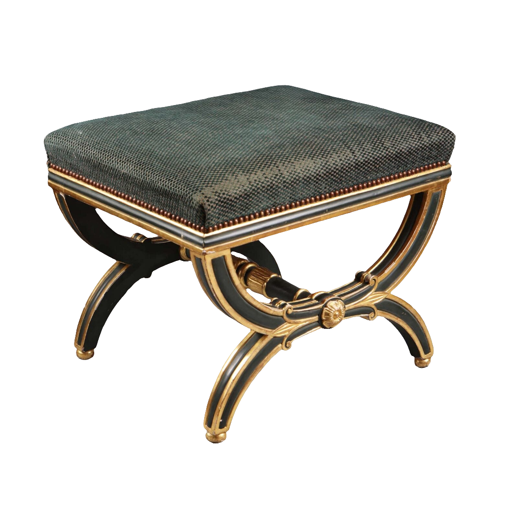 English Regency parcel gilt X frame stool with upholstered seat by Nwtiques, elegant early-19th century design