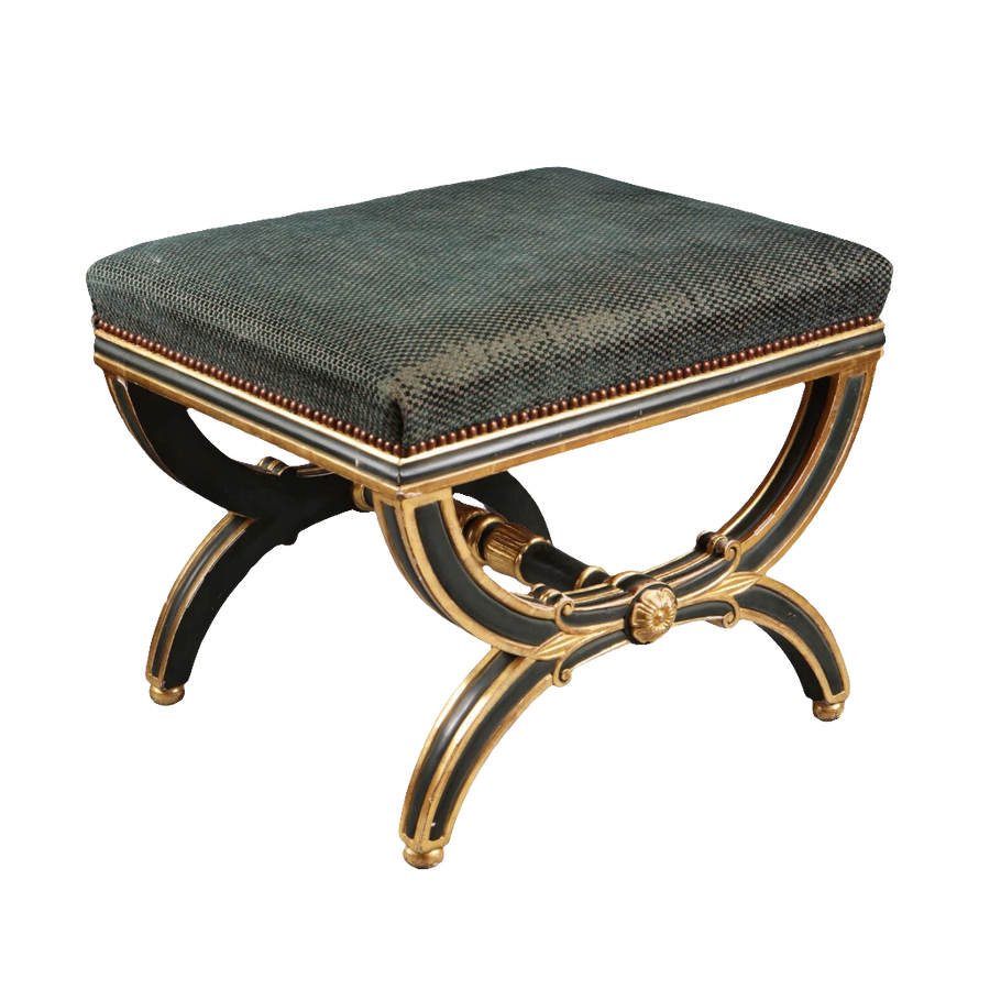 English Regency parcel gilt X frame stool with upholstered seat by Nwtiques, elegant early-19th century design