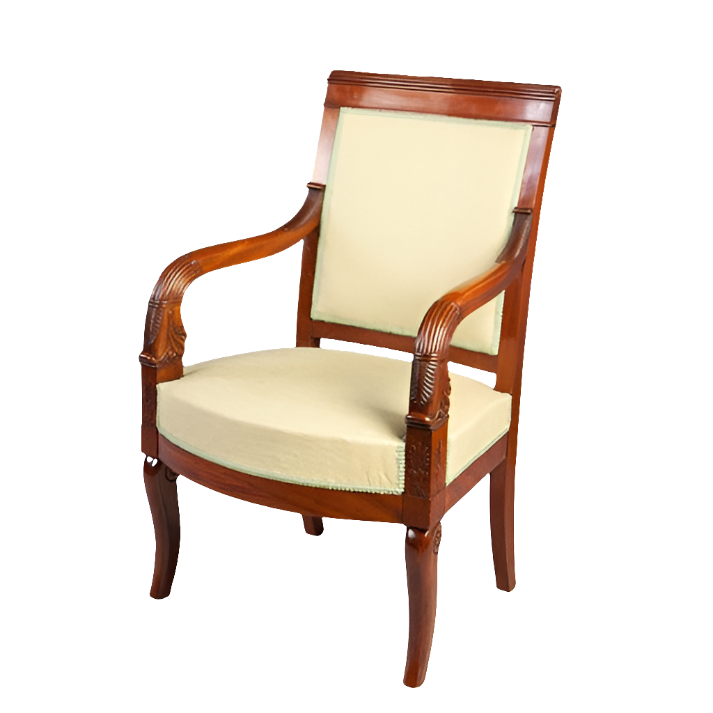 Empire mahogany armchair with carved scroll arms and cream upholstery from Collection TH20, early 19th century French style.