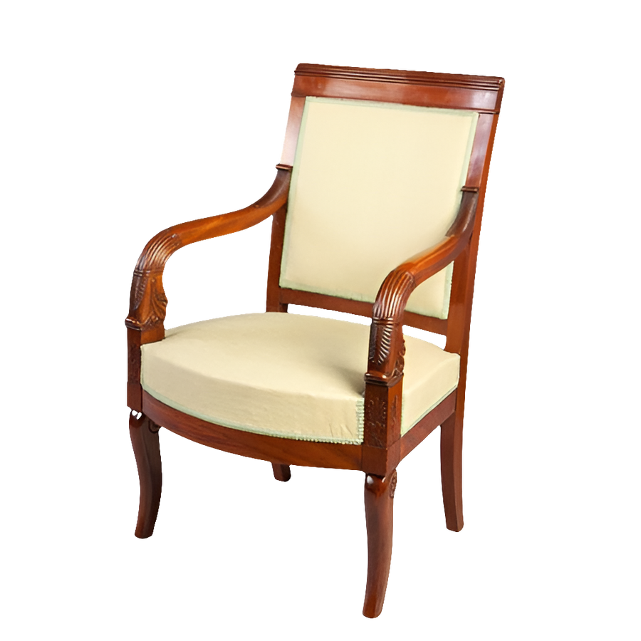 Empire mahogany armchair with carved scroll arms and cream upholstery from Collection TH20, early 19th century French style.