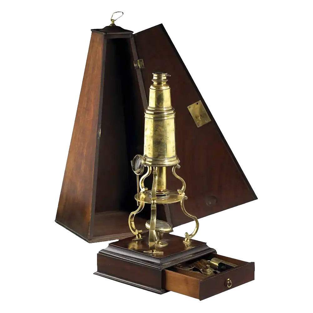 Culpeper microscope by Nwtiques, London 1780s with original mahogany case and tripod stand
