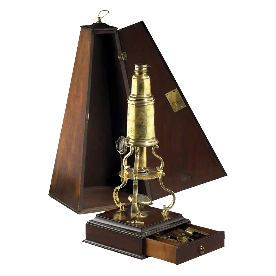 Culpeper microscope by Nicholas Wells Antiques, London 1780s with original mahogany case and tripod stand