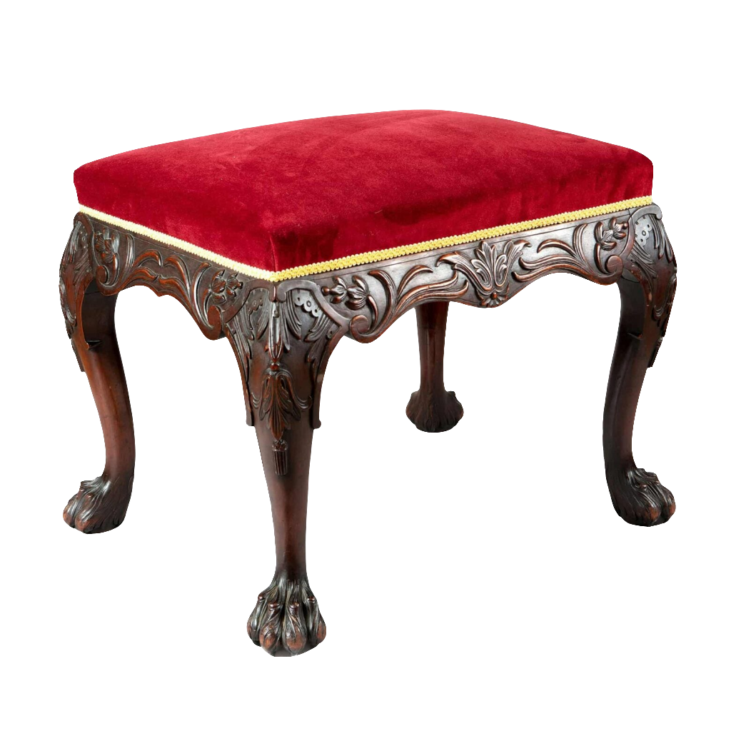 19th century carved mahogany George II stool with red velvet seat from Collection CK20, elegant antique accent piece