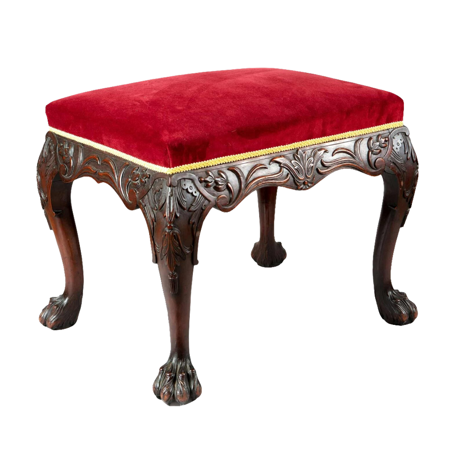 19th century carved mahogany George II stool with red velvet seat from Collection CK20, elegant antique accent piece