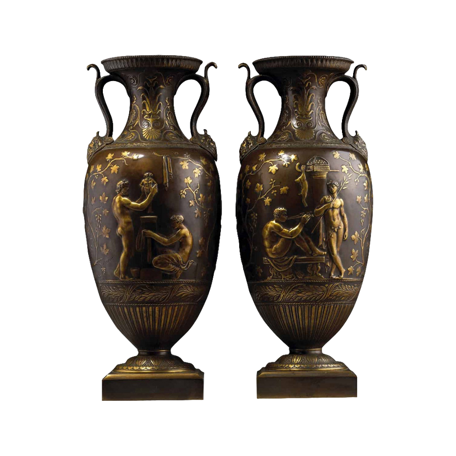 Pair of 19th-century bronze and gilt classical vases with Greek male figures, offered by Nwtiques.